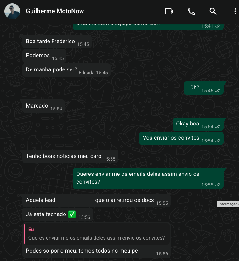 Mensagem do dono da MotoNow no WhatsApp: a lead a quem a IA recolheu os documentos já está fechada